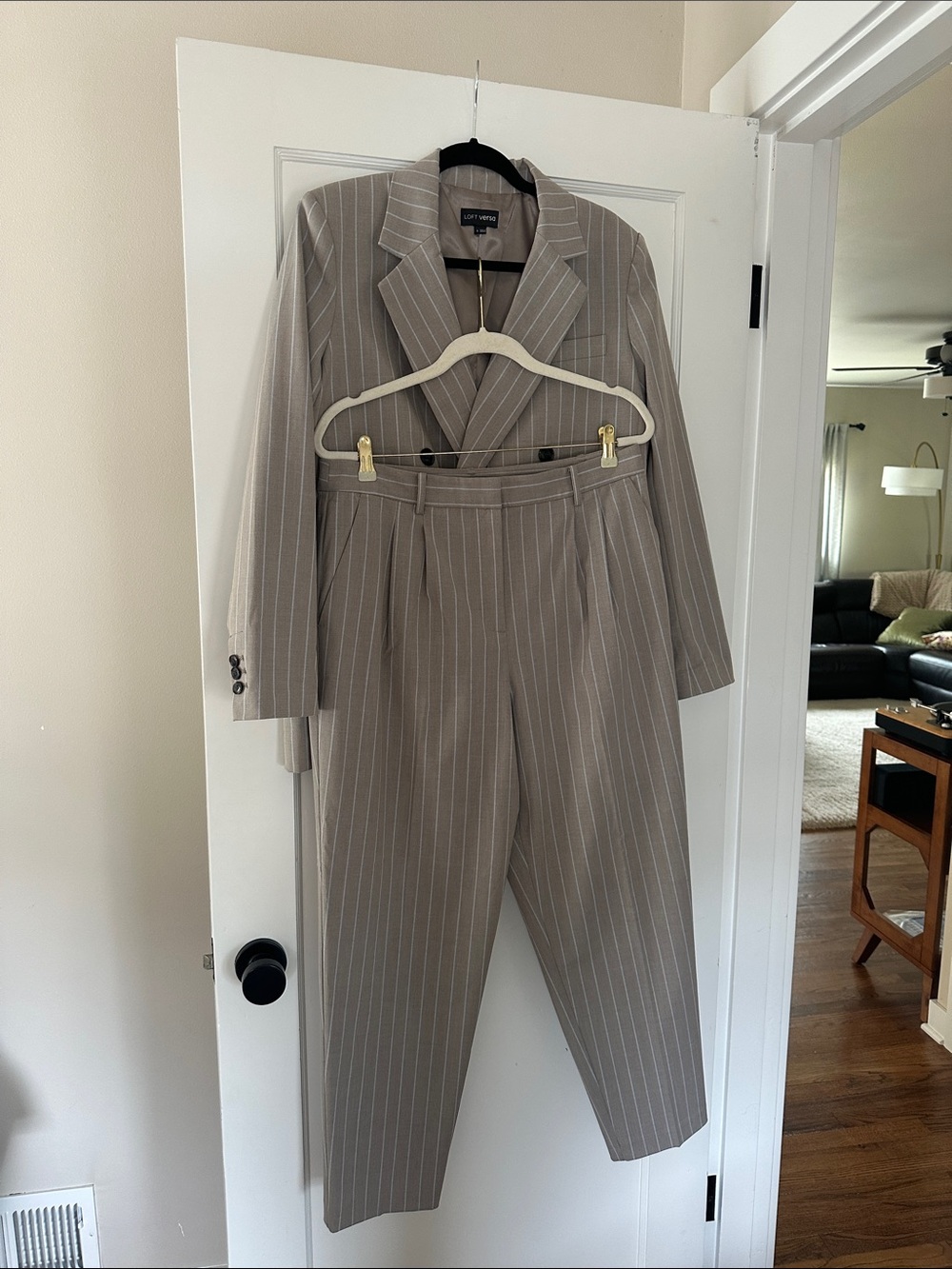 LOFT Taupe Pinstripe Two-Piece Pantsuit